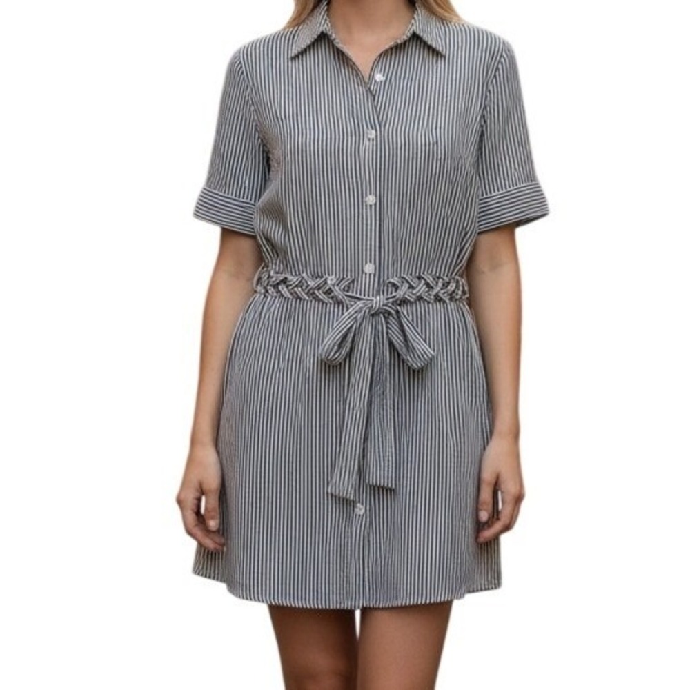 🆕BAILEY 44 Desperado Striped Navy White Braided Belt S/S Mini Tunic Dress EUC XS